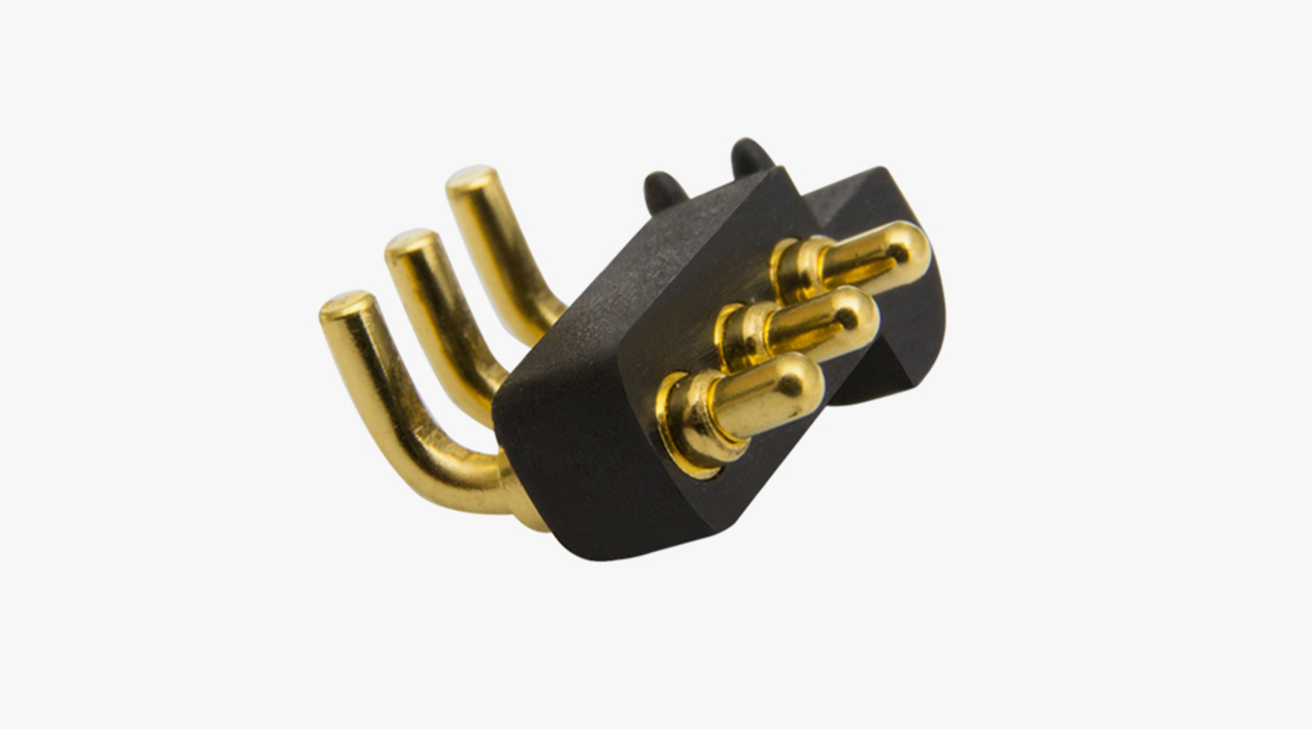POGO PIN連接器 折彎式：3PIN，電鍍黃銅Au20u，電壓12V，電流8A，工作行程1.0mm:150gfMax，彈力10000次+，工作溫度-30°~85°
